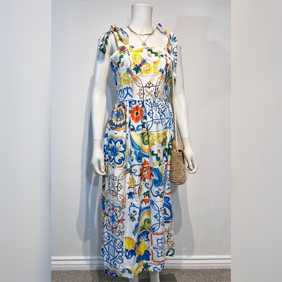 DOLCE Italian Majolica Tie Strap Maxi Sundress Painted Tile Print • Style of D&G - Picture 9 of 15
